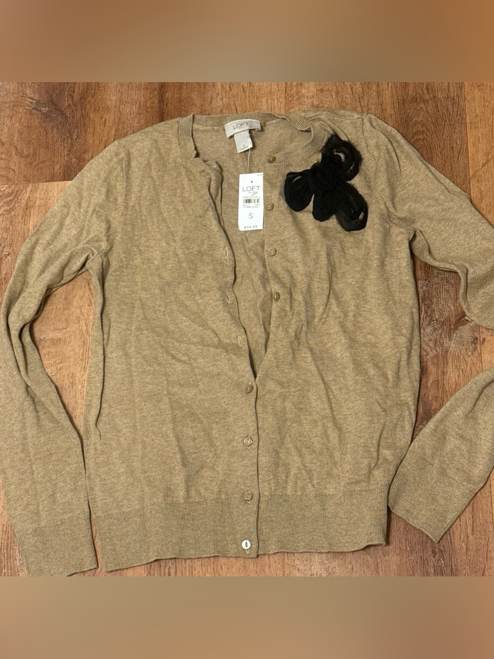 LOFT Women's Tan Crewneck Button-Front Cardigan with Bow Accent